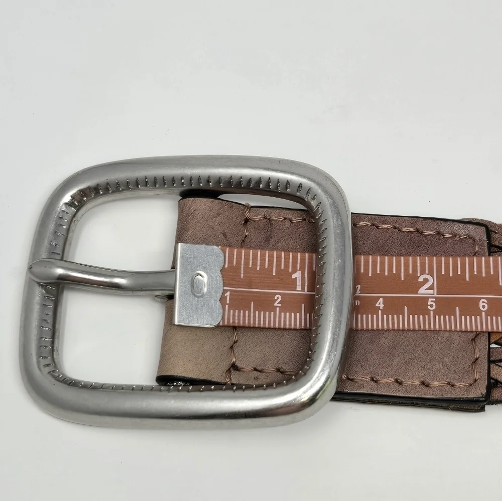 VINTAGE LUCKY BRAND BROWN TAN WOVEN LEATHER BELT OVERSIZE SILVER BUCKLE WOMEN L
